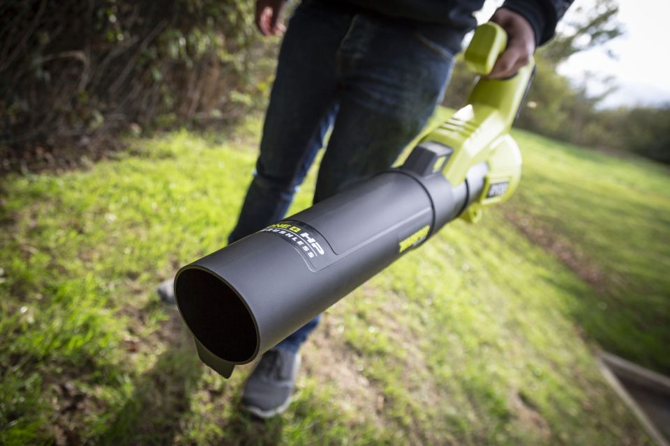 High performance Ryobi leaf blower in use