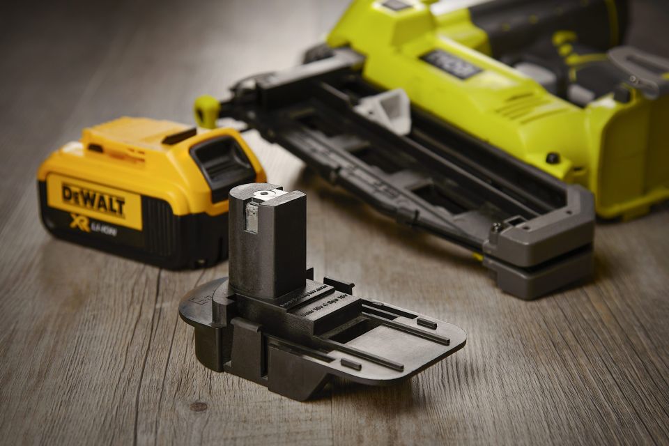 Badaptor with DeWalt battery and nail gun