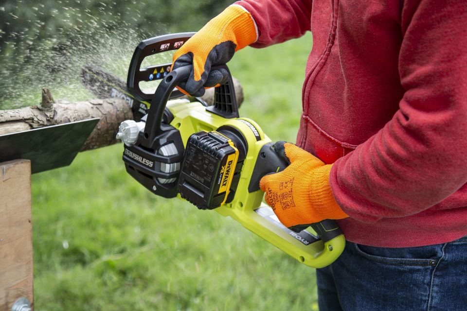 Ryobi One+ chainsaw with DeWalt battery