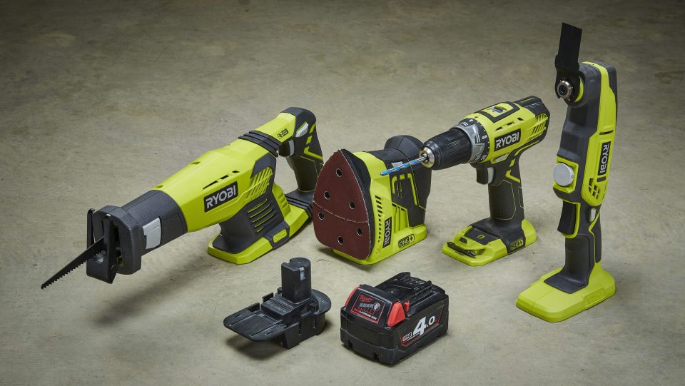 Four cordless tools behind Badaptor and batteries