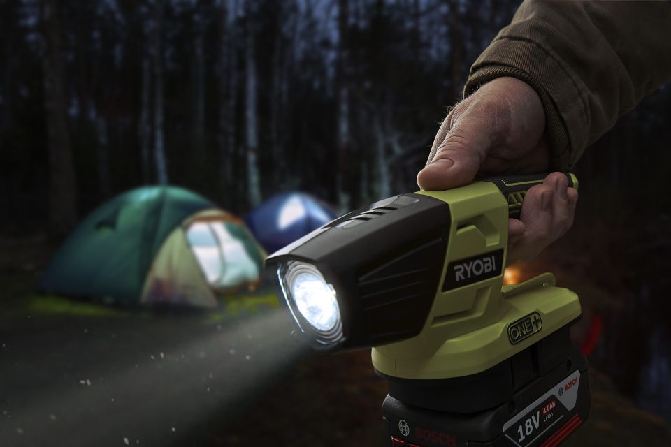 Ryobi One+ cordless LED torch with Bosch Professional 18V battery