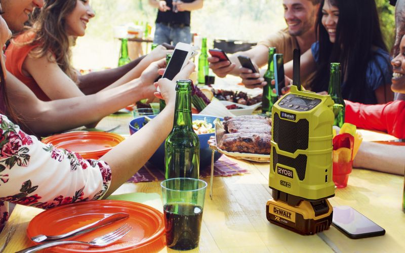 Use a Ryobi One+ radio with a DeWalt battery this summer