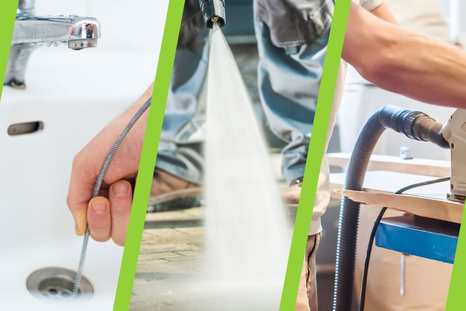 Three images of people using cleaning tools for household applications