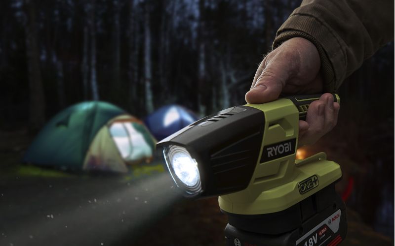 Ryobi One+ cordless LED torch with Bosch Professional 18V battery