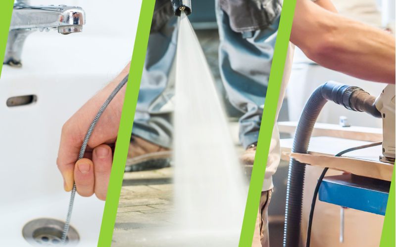 Three images of people using cleaning tools for household applications