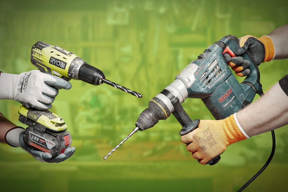 Corded vs cordless drills on green background