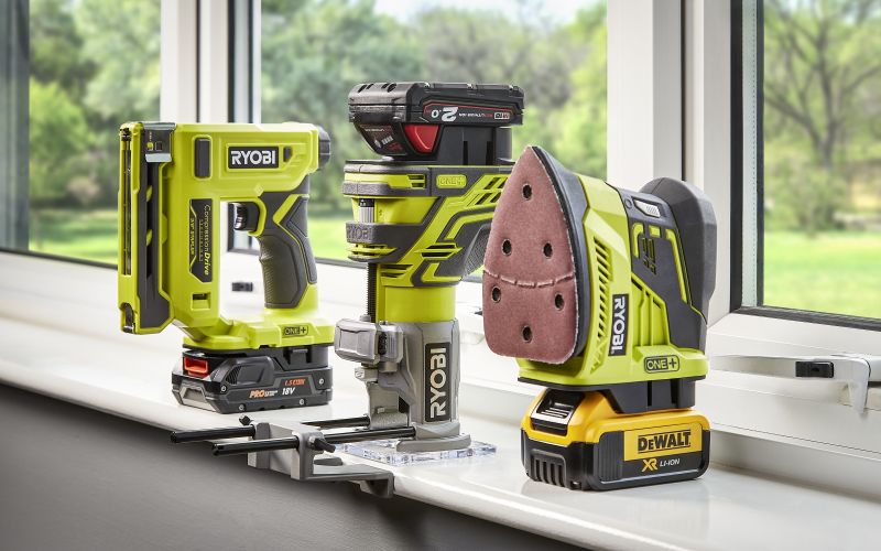 Ryobi tools on window ledge