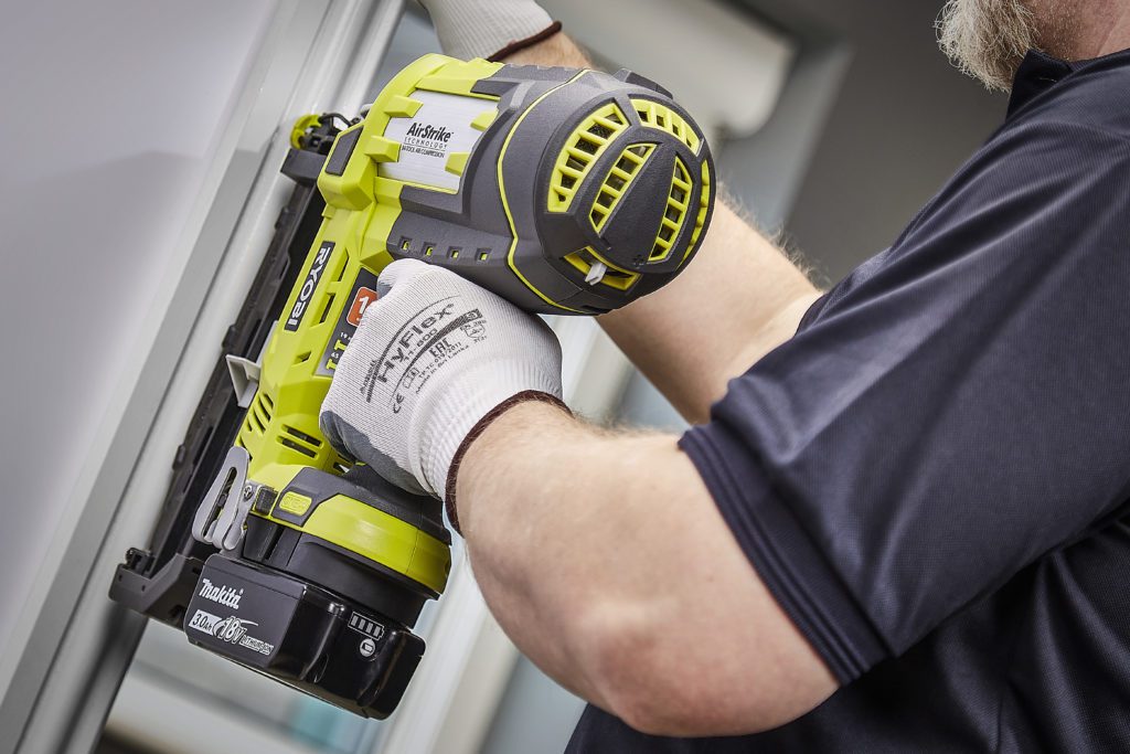 Cordless Ryobi Airstrike nail gun with a Makita battery